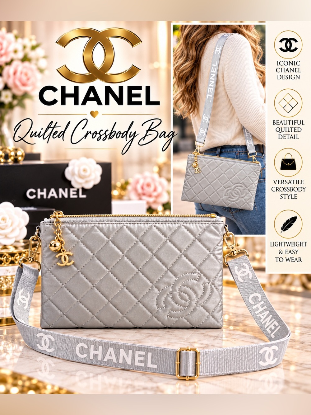 CHANEL Quilted Crossbody Bag in Light Gray with Gold Hardware